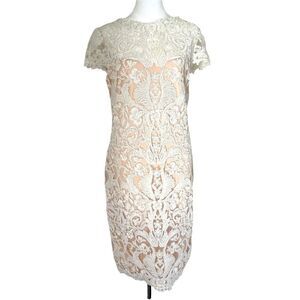 Tadashi Shoji Corded Embroidery on Tulle Cap Sleeve Dress White on Beige Size 12